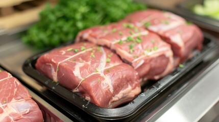 Fresh pork loin on display in store