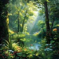Fototapeta premium Enchanted Forest Oasis: Tranquil Lake, Vibrant Flora, and Sunlit Foliage in a Peaceful Setting