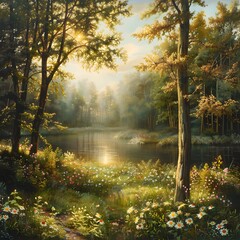 Fototapeta premium Tranquil Forest Scene with Serene Lake, Tall Trees, and Wildflowers in Soft Sunlight