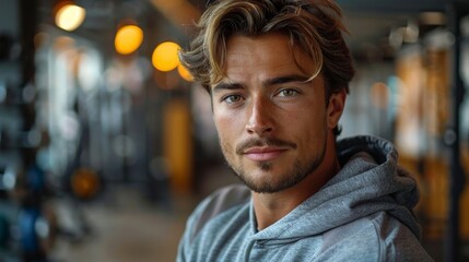 Fototapeta premium A man with a determined expression wearing a stylish hoodie, standing in a gym with warm lighting, capturing the essence of fitness, focus, and determination.