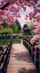 Japanese garden with a pond, wooden bridges, and cherry blossom trees in bloom