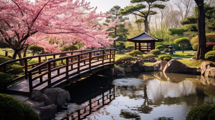 Japanese garden with a pond, wooden bridges, and cherry blossom trees in bloom