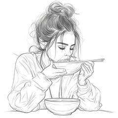 Monochrome Sketch of a Woman Eating with Chopsticks - Detailed Line Art Illustration of a Young Woman Enjoying a Meal - Hand-Drawn Style - Perfect for Culinary, Lifestyle, and Artistic Themes