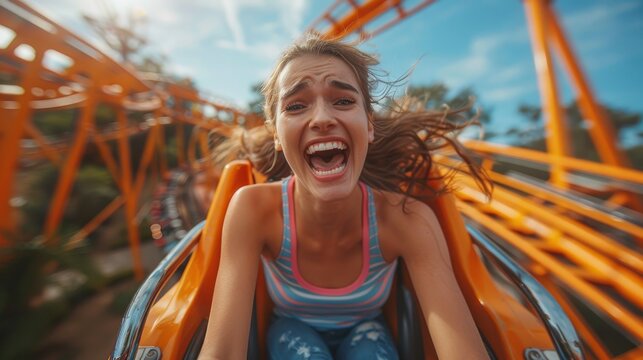 A woman screams in a mix of fear and excitement during a high-speed roller coaster ride, perfectly capturing the intense emotions and adrenaline of a thrilling amusement park experience.
