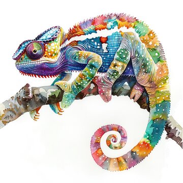 recommend clip art: Colorful chameleon illustration perched on a branch, showcasing vibrant and intricate patterns in a surreal artistic style.