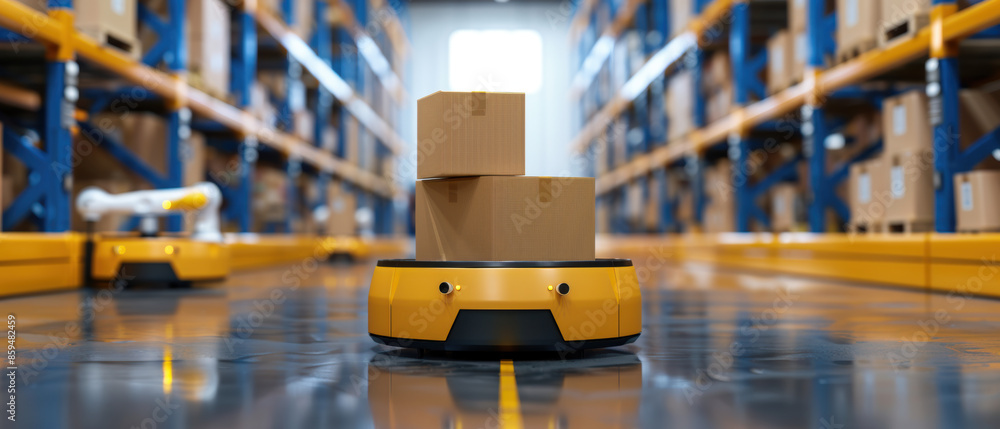 Poster a robot is in a warehouse with boxes stacked on top of it