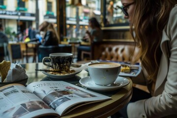 A person enjoying a fashion magazine in a chic cafe