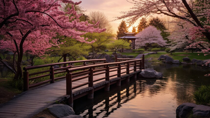 Japanese garden with a pond, wooden bridges, and cherry blossom trees in bloom