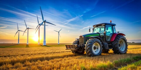 Tractor and Windmills on a Field at Sunset