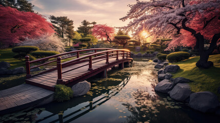 Japanese garden with a pond, wooden bridges, and cherry blossom trees in bloom