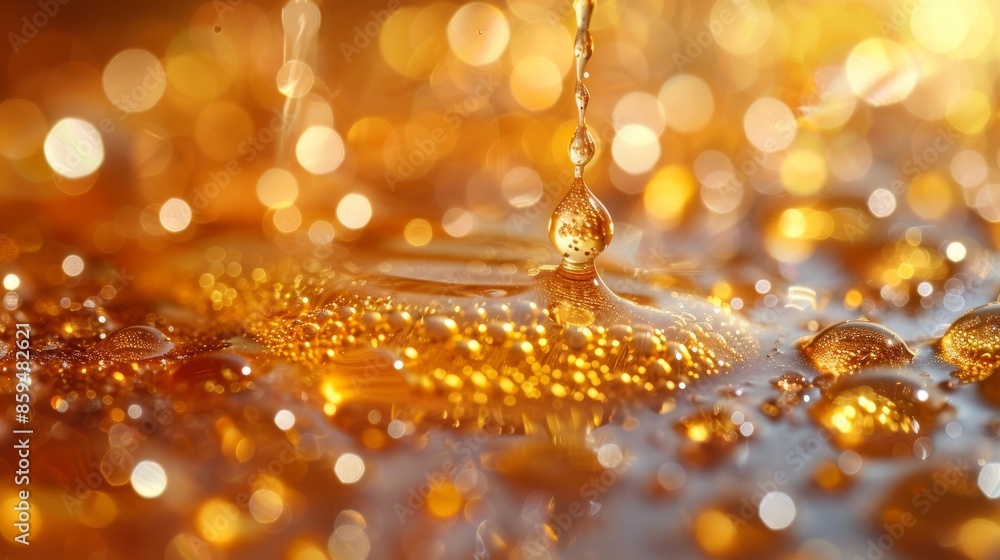 Poster a striking visual of golden amber fluid captured in close proximity, highlighted by a bokeh effect i