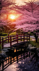 Japanese garden with a pond, wooden bridges, and cherry blossom trees in bloom