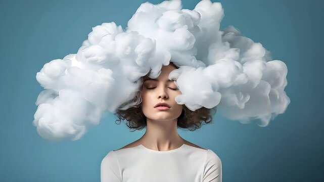Video of young woman with her head in cloud. Depression, loneliness, bipolar disorder and mental health concept. Weather dependent concept.