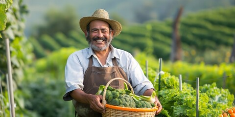 A cheerful farmer holding fresh vegetables while working on an agricultural plantation, smiling happily.