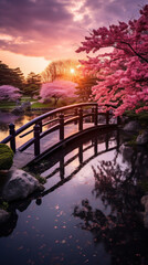 Japanese garden with a pond, wooden bridges, and cherry blossom trees in bloom