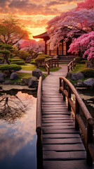 Japanese garden with a pond, wooden bridges, and cherry blossom trees in bloom