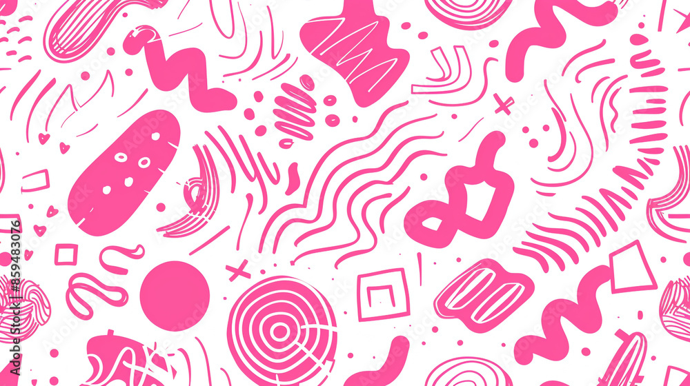 Poster fun pink line doodle seamless pattern. creative abstract squiggle style drawing background for child