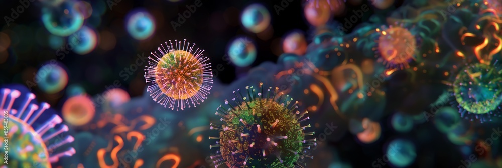 Poster organism science in microbiology with various cells glowing in particle spike during microscopic bio