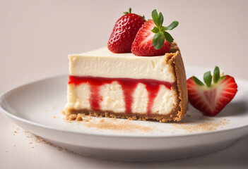 A slice of New York style cheesecake with a rich creamy texture and a graham cracker crust garnished