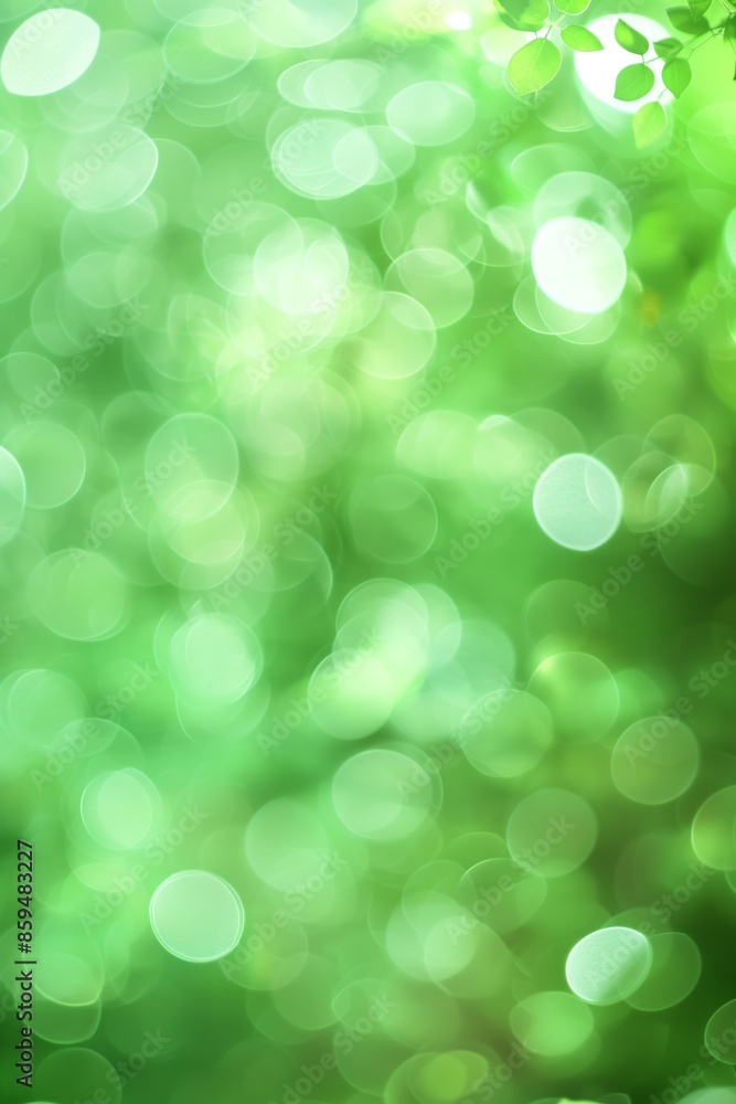 Poster shiny bokeh on soft green foliage with sunlight creating a bright, abstract, blurred summer backgrou