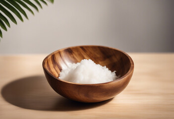 A small carved wooden bowl filled with coconut oil solidifying at room temperature embodying tropica