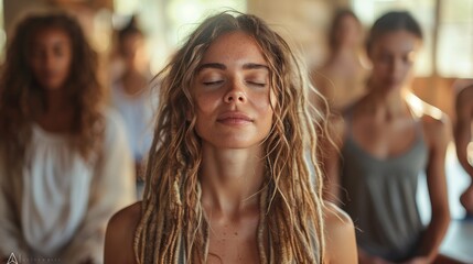 Fototapeta premium A young woman sits with closed eyes, meditating in a yoga class. Her expression of calm and inner focus exemplifies tranquility and mindfulness in a serene environment.