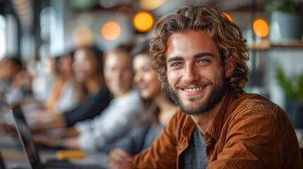 Obraz premium A young man with curly hair smiles warmly at the camera. He is seated at a table with a diverse group of people working in a modern office environment.