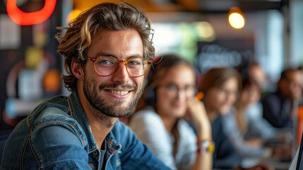 A man with glasses and a denim jacket flashes a cheerful smile while working in a vibrant office. Several colleagues are seated next to him, busy with their tasks.