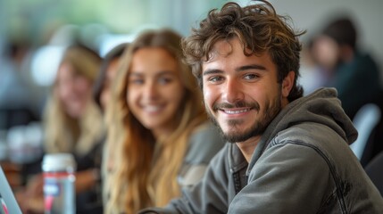 Obraz premium A young man wearing a hoodie beams a warm smile while seated among peers in a tech-driven workspace. The atmosphere is casual and filled with creativity and ideas.