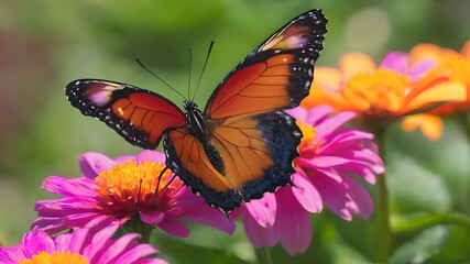 Obraz premium A close-up of a vibrant butterfly resting on a bright, blooming flower, Generative AI