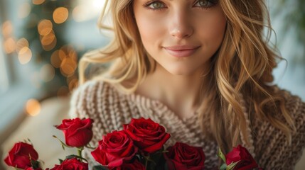 A serene woman with light hair smiles as she holds a bouquet of red roses, set against soft, festive lighting that enhances the mood of warmth and romance.