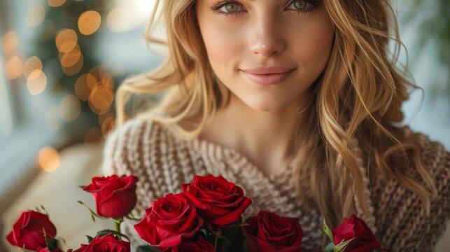 A serene woman with light hair smiles as she holds a bouquet of red roses, set against soft, festive lighting that enhances the mood of warmth and romance.