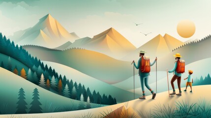 Fototapeta premium Family hiking in scenic mountain range with backpacks, enjoying nature, outdoor adventure, and vibrant landscape.