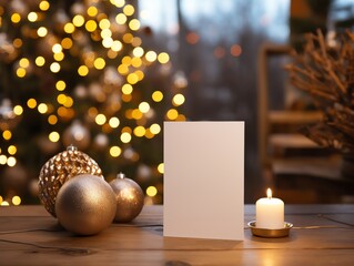 Blank Christmas card on wooden table with decorations, candle, and festive lights in the background, ready for holiday greetings.