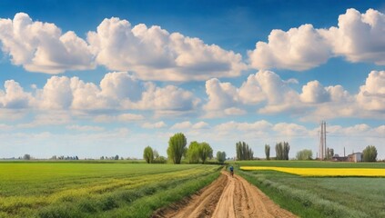 Picturesque picture in the field. Bicycle ride through the fields.Agro-industrial fields.Spring fields of central Ukraine.Hanging clouds along the fields.