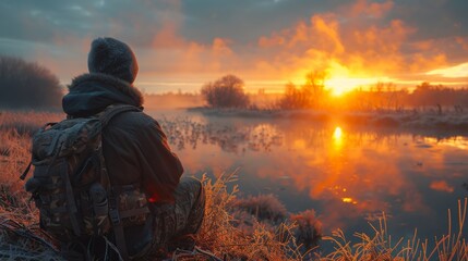 Obraz premium A person sits beside a lake, gazing at the vibrant sunset and enjoying the peaceful moment, dressed warmly with a backpack, capturing the essence of solitude in nature.
