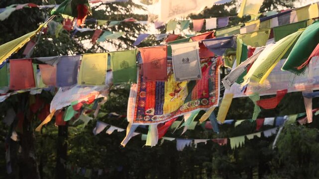 Lung ta prayer flags hang along a mountain path Colorful Tibetan prayer flags flutter ancient prayers into serene wind city symbolizing spiritual energy peaceful tranquility. 
