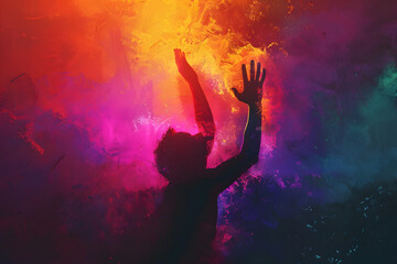 Fototapeta premium A silhouette of a person reaching upwards, enveloped in a dynamic blend of neon colors and soft, grainy textures, creating a sense of aspiration and surreal beauty 