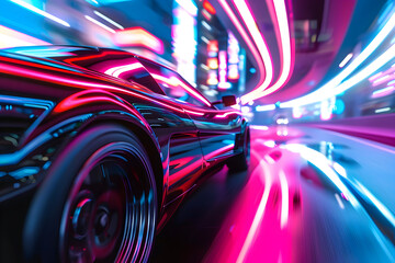 A futuristic car speeding through a neon-lit city.


