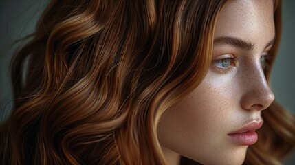 Fototapeta premium A close-up side profile of a young woman with long, wavy red hair and freckles, displaying a serene expression, with soft lighting emphasizing her natural beauty.
