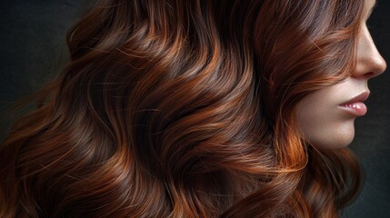 Fototapeta premium Detailed close-up showcasing deep red wavy hair with rich texture, highlighting the vibrant and smooth strands under ideal lighting conditions to emphasize its beauty and shine.