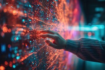 Big data technology and data science with person touching data flowing on virtual screen. Business analytics, artificial intelligence, machine learning. Engineer or scientist analyzing stream of data.