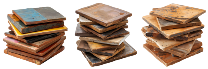 collection of pile of ceramic tiles isolated on transparent background