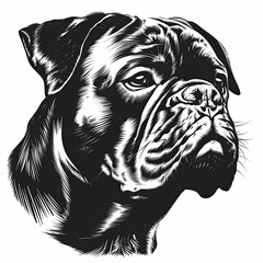 A black and white drawing of a bulldog dog
