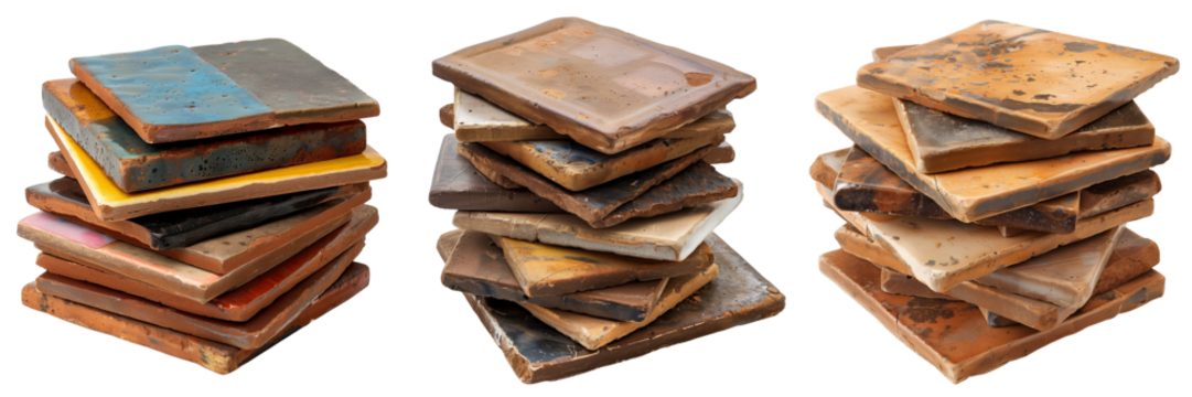 collection of pile of ceramic tiles isolated on transparent background