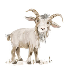 Fototapeta premium A cartoon goat with a big horn is standing in a field