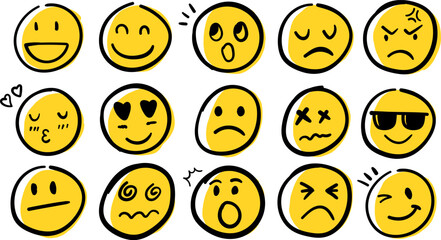 Doodle Emoticon Face Icon Set. Hand Drawn Sketch Emoji with Different Emotion and Mood.
