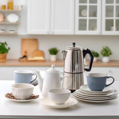 Fototapeta premium A set of different dishes, cups, saucers, and a coffee pot arranged on a white tabletop, with a blurred white kitchen interior in the background.cup of coffee and teapot