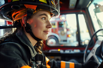 Side view of female firefighter in uniform sitting in firetruck with copy space, female occupations concept, Generative AI