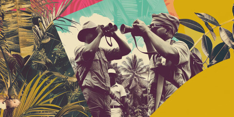 Two men are looking through binoculars in a jungle